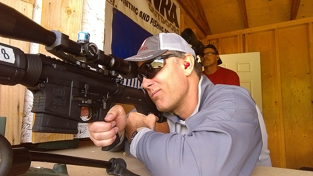 Of course, shooting from a bench is the first step in getting smart on what your rifle can do — it ensures a stable platform and allows the shooter to concentrate less on keeping the rifle still and more on communicating with the spotter. We used Caldwell wind meters and our Leopold spotting scopes to call wind corrections by reading atmospheric conditions and gauging wind direction and speed on the target from reading thermals and waving grass.