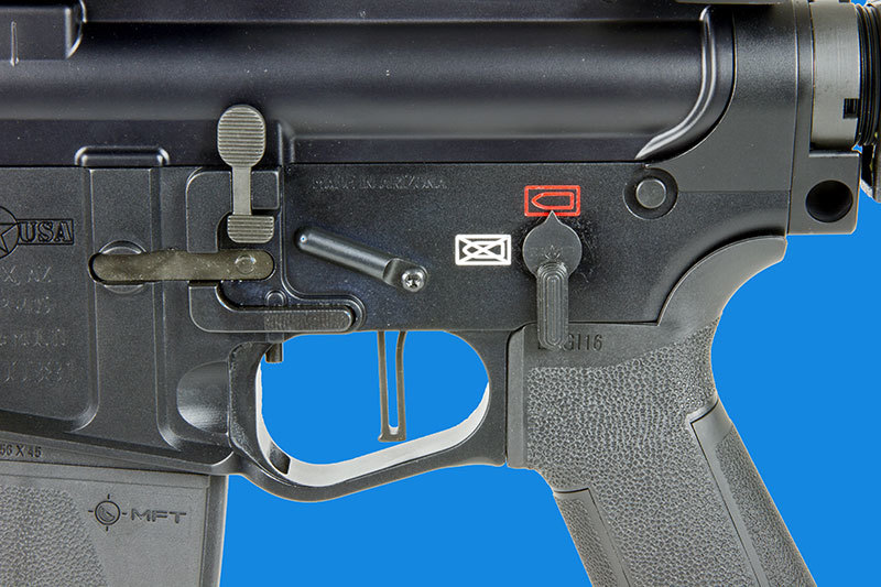 Not only is the safety selector ambidextrous, but POF has designed a bolt hold open button located in front of the trigger.